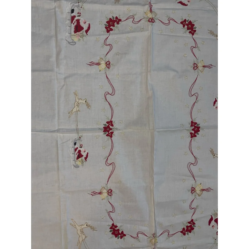 NOS Vintage Christmas Tablecloth & Napkins Set Embroidered Santa Sleigh Reindeer